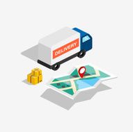 Flat 3d isometric delivery car with route map and boxes