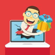 Man from laptop giving gift box vector illustration