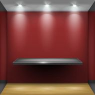 Empty steel shelf in red room illuminated by searchlights