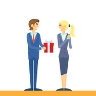 Businessman present gift box business woman flat