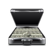 Suitcase full of money isolated on white vector