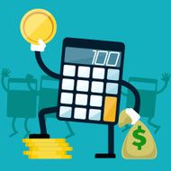 Calculator with golden coin in hand