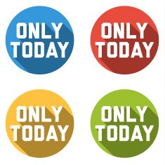 Collection of 4 isolated flat colorful buttons for only today