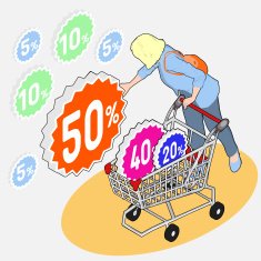 Isometric Grocery Shopping - Sale Woman Collecting Discounts w