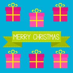 Six gift boxes with ribbons and bows Merry Christmas card