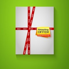 Gift box with red sale tape on green background