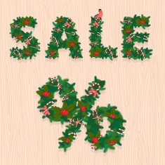 Christmas Sale festive wreath letters on wooden texture N2