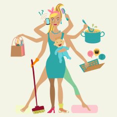 Super mother with newborn baby - cleaning shopping talking by
