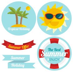 Flat summer illustrated labels and ribbons