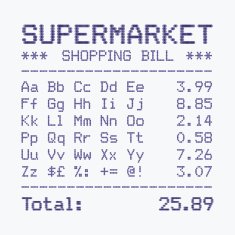 Supermarket shopping bill alphabet