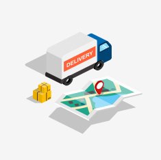 Flat 3d isometric delivery car with route map and boxes
