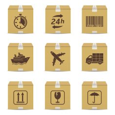 Cardboard box with logistic signs