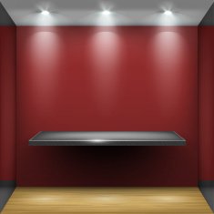 Empty steel shelf in red room illuminated by searchlights