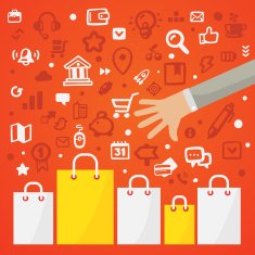 Bright vector illustration man's hand reaches for the paper shop N2
