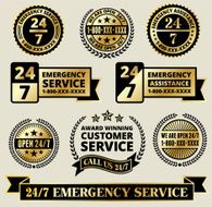 Customer Assistance 24 7 Call Center Badges Black and Gold Set