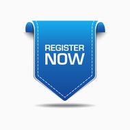 Register Now Blue Label Icon Vector Design
