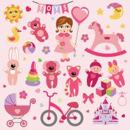 Baby girl with toy icons eps