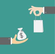 Hands with money and shopping bag Exchanging concept Flat design N2