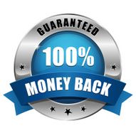 Blue silver hundred percent money back badge