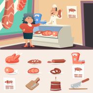 Meat Butcher Shop Granny Old Woman Seller Retro Vintage Cartoon