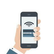 mobile credit card hand holding phone flat