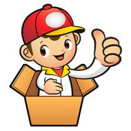 Red Delivery Man the hand best gesture in cardboard boxes