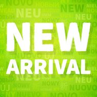 Green background paper with new arrival in different language