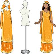 Beautiful asian woman tries on authentic traditional orange wedding sari N2