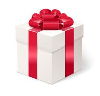 White gift box with bows and red ribbon