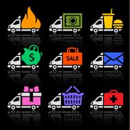 Delivery truck colored icons on a black background