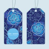 Vector blue night flowers vertical round frame pattern tags set