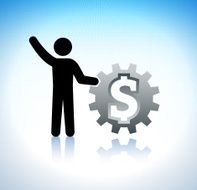 Stick Figure with Dollar Gear on Grid Background