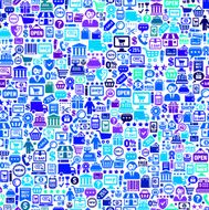 A background of blue icons relating to shopping and commerce