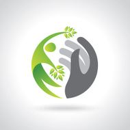 Human hands protecting green leaves save earth concept