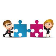 Two business people are working together to put two puzzles