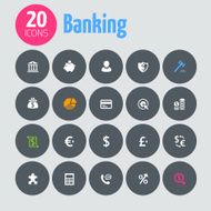 Minimalistic banking icons on dark gray circles N2