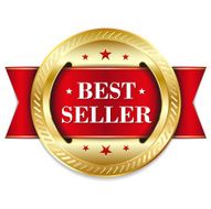 Red gold best seller badge with ribbon