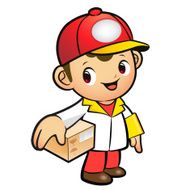 Red Delivery Man Mascot the hand is holding a Box