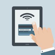 credit card payment hand holding tablet flat
