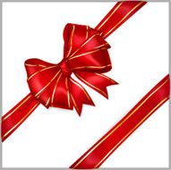 Red bow with diagonally ribbons and golden strips