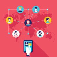 Hand touching tablet with web icons Social network Communication concept
