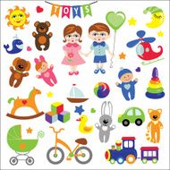 Baby girl and boy with toy icons eps
