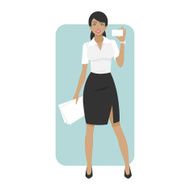 Business woman smiling and holds business card
