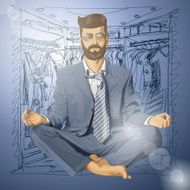 Vector Hipster Businessman in Lotus Pose Meditating N4