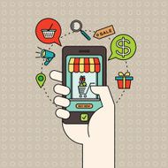 e-commerce icons and smart phone in hand digital marketing concept