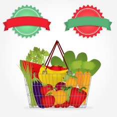 Supermarket basket with vegetables and two labels