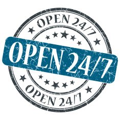 Open 24 7 blue grunge round stamp on white background