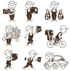 Courier with boxes and vehicles icons set