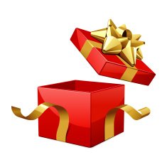 Open gift box with glossy gold bow