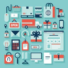 Blue and orange e-commerce shopping icons